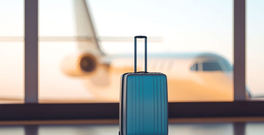 Suitcase with an airplane in the background